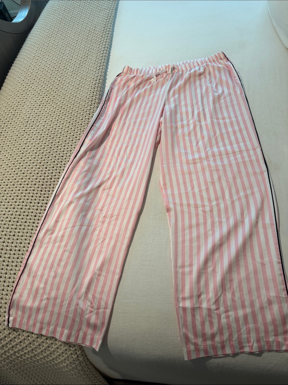 Victoria's Secret Pink and White Striped Wide-Leg Pajama Pants with Black Trim